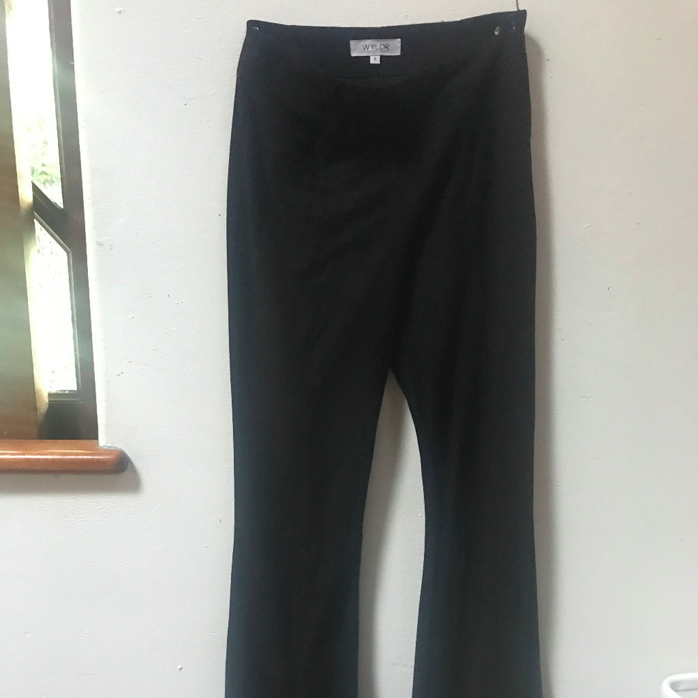 WYLDR black suede bell bottom flare pants
